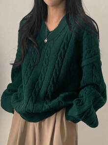 EAVA 女款極簡 V 領寬鬆休閒針織上衣，低調老錢風，情人節 - 墨綠色 - 查看 1