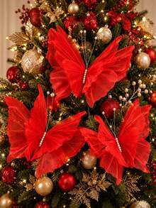 3pcs/Set Large Hanging Christmas Red Butterfly Decorations, 3D Laser Artificial Silk Realistic Butterflies, Suitable For Christmas Tree Decor, Christmas Fireplace Decor, Wedding, Birthday, Home And Living Room - Butterfly - View 1