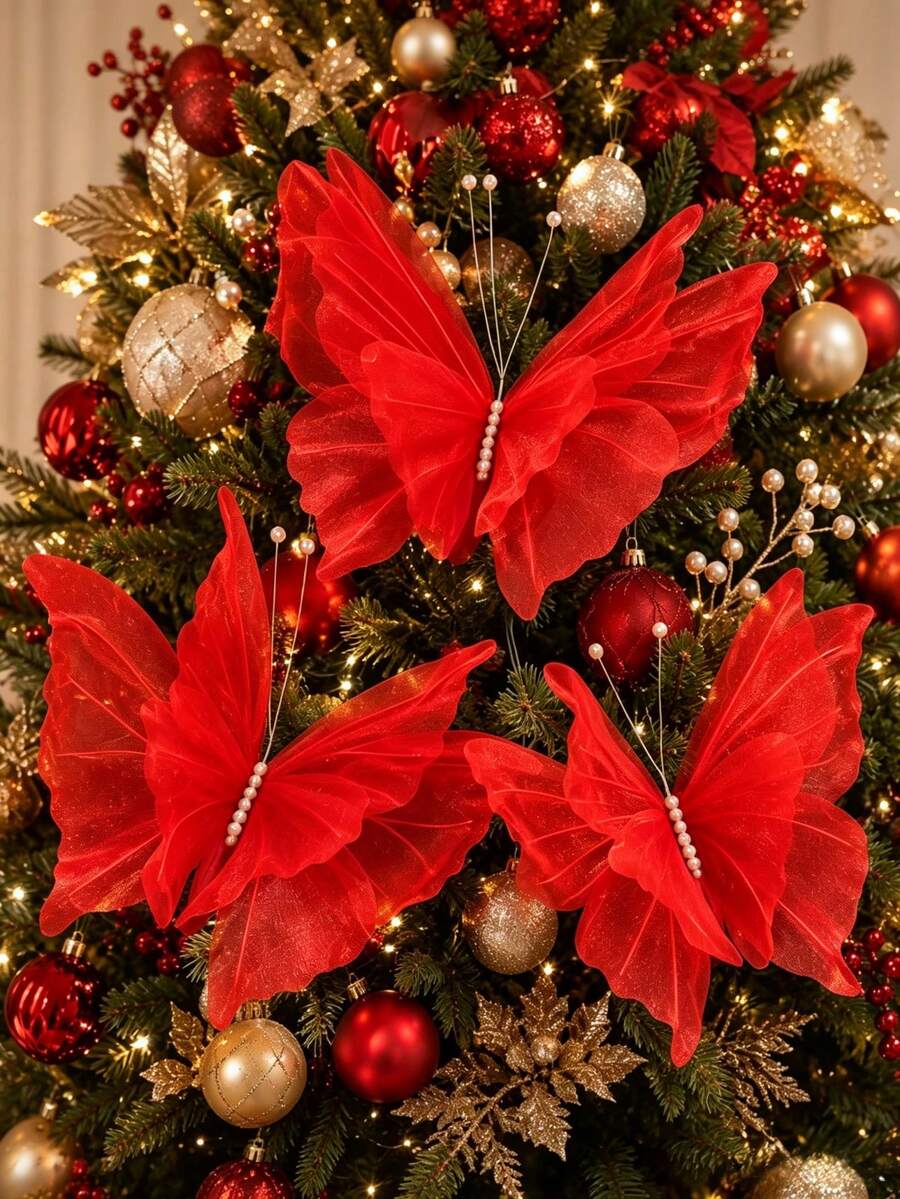 3pcs/Set Large Hanging Christmas Red Butterfly Decorations, 3D Laser Artificial Silk Realistic Butterflies, Suitable For Christmas Tree Decor, Christmas Fireplace Decor, Wedding, Birthday, Home And Living Room - Butterfly - View 1