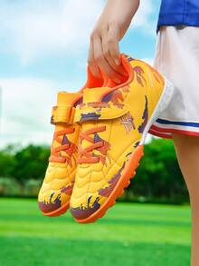 Kids Hook & Loop TF Studded Soccer Shoes, Splatter Color Block Graffiti Design, Non-Slip Training Sports Shoes For Boys & Girls - Orange - View 10