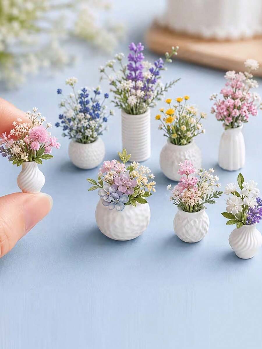 9pcs/Set Random Style White Mini Vase Decor Set, Miniature Landscape Ornament, Artificial Flower & Dried Flower Container, Suitable For Desktop, Bookshelf, Store Window Display, Restaurant Storage Scene Photography Props Home Decoration - One Size Fits All - View 1