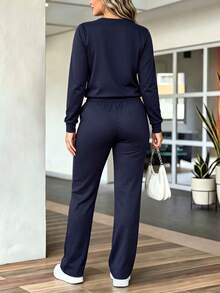 Women Autumn Casual Sports Contrast Striped Side Long Sleeve T-Shirt And Loose Wide Leg Pants Set,Back To School - Navy - View 9