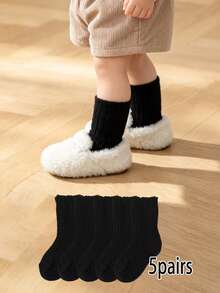 5 Pairs Baby & Kids Solid Color Thermal Lined Knitted Socks, Winter Socks, Thickened Warm Mid-Calf Socks, Multiple Colors, Suitable For Autumn/Winter - Multicolor - View 17