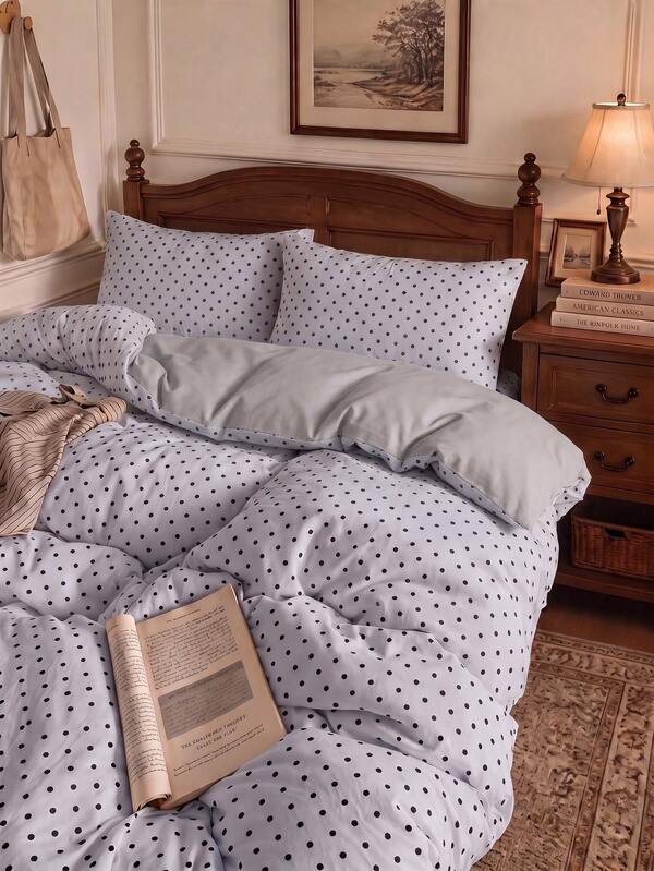 2/3pcs Gray & Black Polka Dot Duvet Cover Set, No Filling, Breathable Super Soft All-Season (1 Duvet Cover + 2 Pillowcases, No Pillow Inserts), Soft Dual-Color Bedding Set, Suitable For Bedroom, Guest Room, Dorm, Back To School Bedding Set