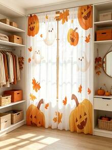 2 Peças Cortinas Transparentes de Folha de Outono, Fantasma de Abóbora em Aquarela, Adequadas para Decoração de Halloween e Ação de Graças, Design de Bolsa de Vara Superior, Tela de Janela Fluida, Cortina de Tela Adequada para Cozinha, Cafeteria, Restaurante, Varanda, Jardim, Quarto - Multicolorido - Visão 7