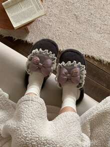 XIXITIAO Cute Lace Ruffle Bow Slippers, Closed‑Toe Fuzzy Warm House Shoes, Soft Sole Cozy Indoor Slippers - Grey - View 10
