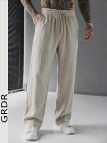 GRDR Men's Straight Leg Casual Pants, Japanese Slouchy, Elastic Waist With Drawstring - Apricot - View 1