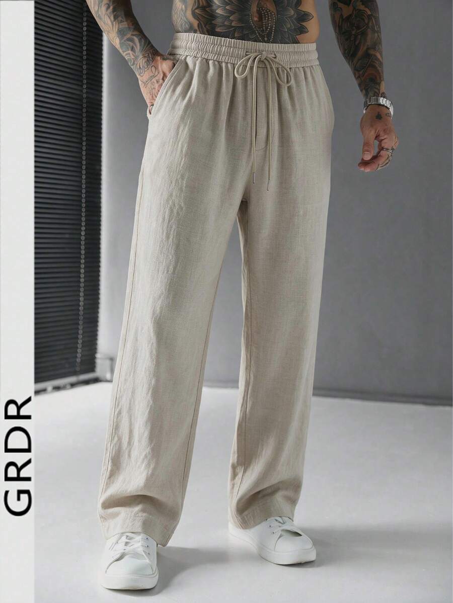 GRDR Men's Straight Leg Casual Pants, Japanese Slouchy, Elastic Waist With Drawstring - Apricot - View 1