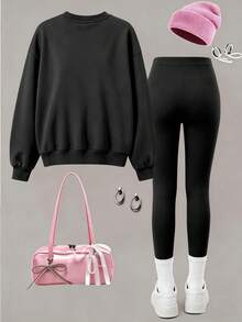 2pcs Set Suitable For Girls Big Tween Girl Round Neck Sweatshirt And Leggings Outfit, Leopard Print Heart Pattern Round Neck Sweatshirt + Leggings Set, Suitable For Autumn/Winter, Campus Style, Homecoming Outfit - Multicolor - View 3