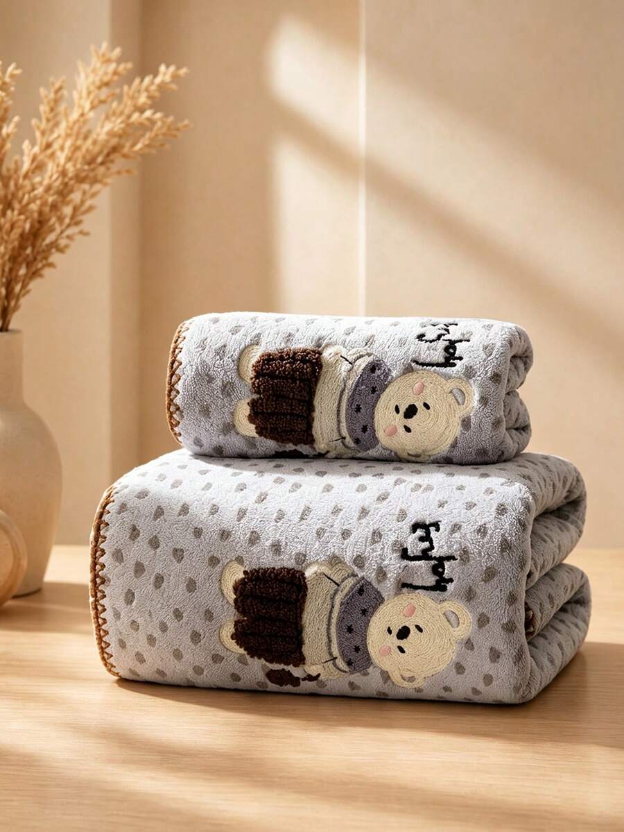 1pc/2pcs Approx. 14*29in/28*55in Pink Leopard Print Towel, Cute Embroidered Rabbit Pattern Coral Fleece Bath Towel + Face Towel, Super Soft High Absorbency Quick Dry Thick Non-Shedding Towel, Suitable For Bathroom, Home, Travel, Back To School - Light Grey - View 1