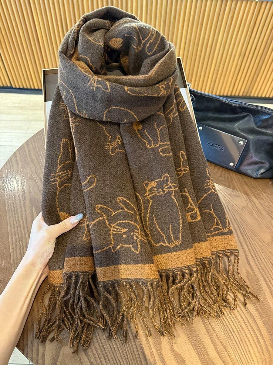 1件女款貓咪圖案圍巾,冬季保暖百搭披肩,雙用途冷氣房辦公室披肩,長款加厚護頸保暖巾 - 焦糖色 - 查看 1