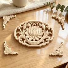 5pcs Solid Wood Carved Applique Set, Unfinished Wood, Woodworking Supplies, Scroll Flower, Suitable For Cabinets, Doors, Windows, Background Walls, Entryways And Various Furniture Decoration, Holiday Decoration, DIY Decoration. - Multicolor - View 3