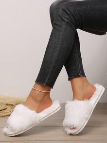 Soft Plush Open Toe Slip-On Slippers For Women, Warm Fuzzy Indoor House Shoes, Comfortable Slip-On Home Slippers - White - View 2