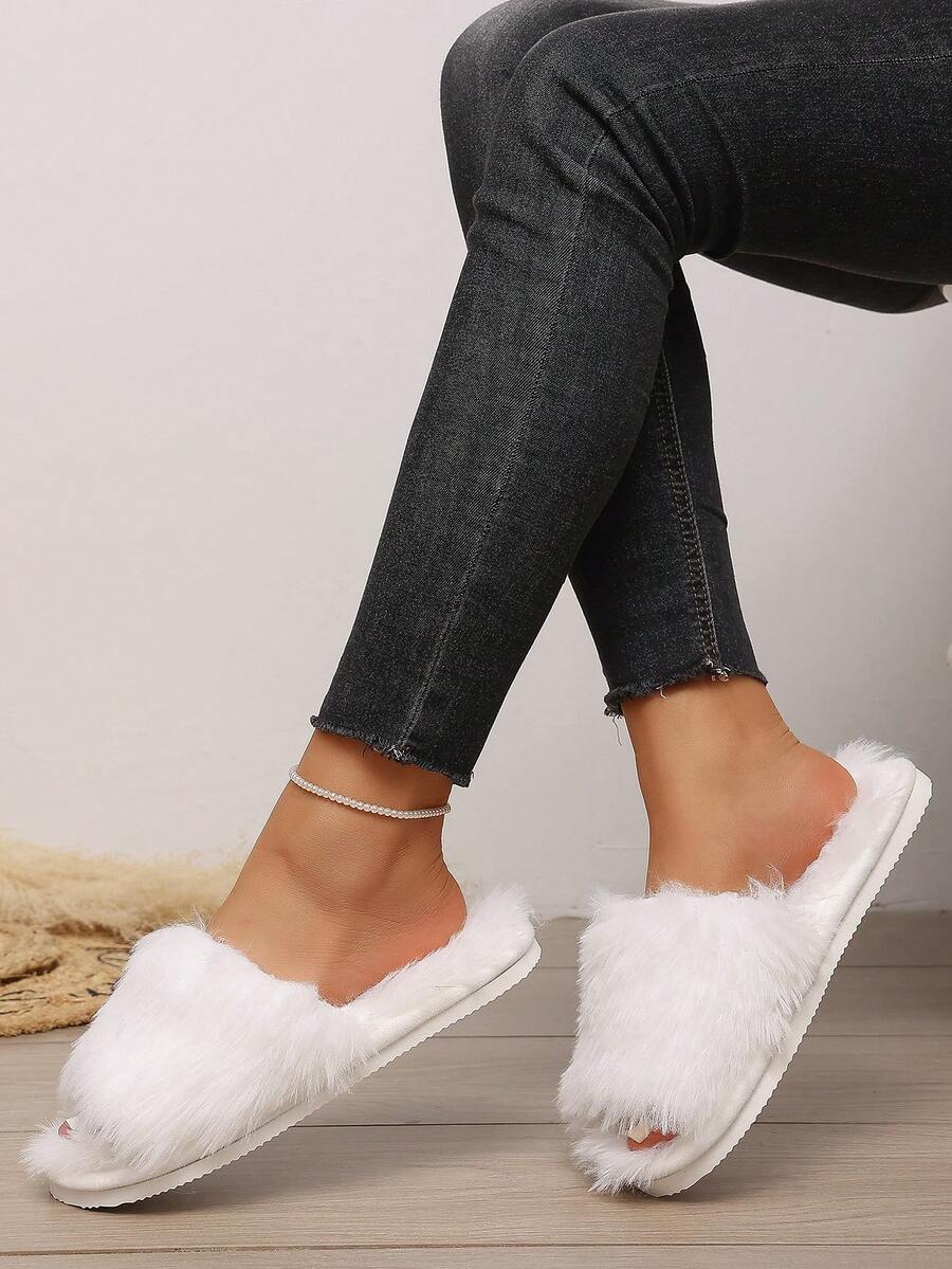 Soft Plush Open Toe Slip-On Slippers For Women, Warm Fuzzy Indoor House Shoes, Comfortable Slip-On Home Slippers
