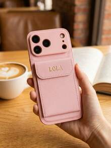 Custom Name Gold Foil Initial Litchi Texture PU Leather Wallet Phone Case, Compatible With IPhone 13 14 15 16 17 18 Pro Max Plus Air, Card Slot, Full Camera Protection, Scratch-Resistant Shockproof Protective Shell, Fashion Commute Office Travel Accessory, Unisex Personalized Gift - Pink - View 2