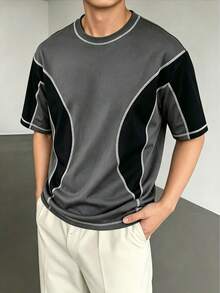 ZYNTH BALENO Men's Summer Fashion Colorblock Patchwork Loose Fit Short Sleeve T-Shirt, Essential For Summer Sports - Dark Grey - View 4