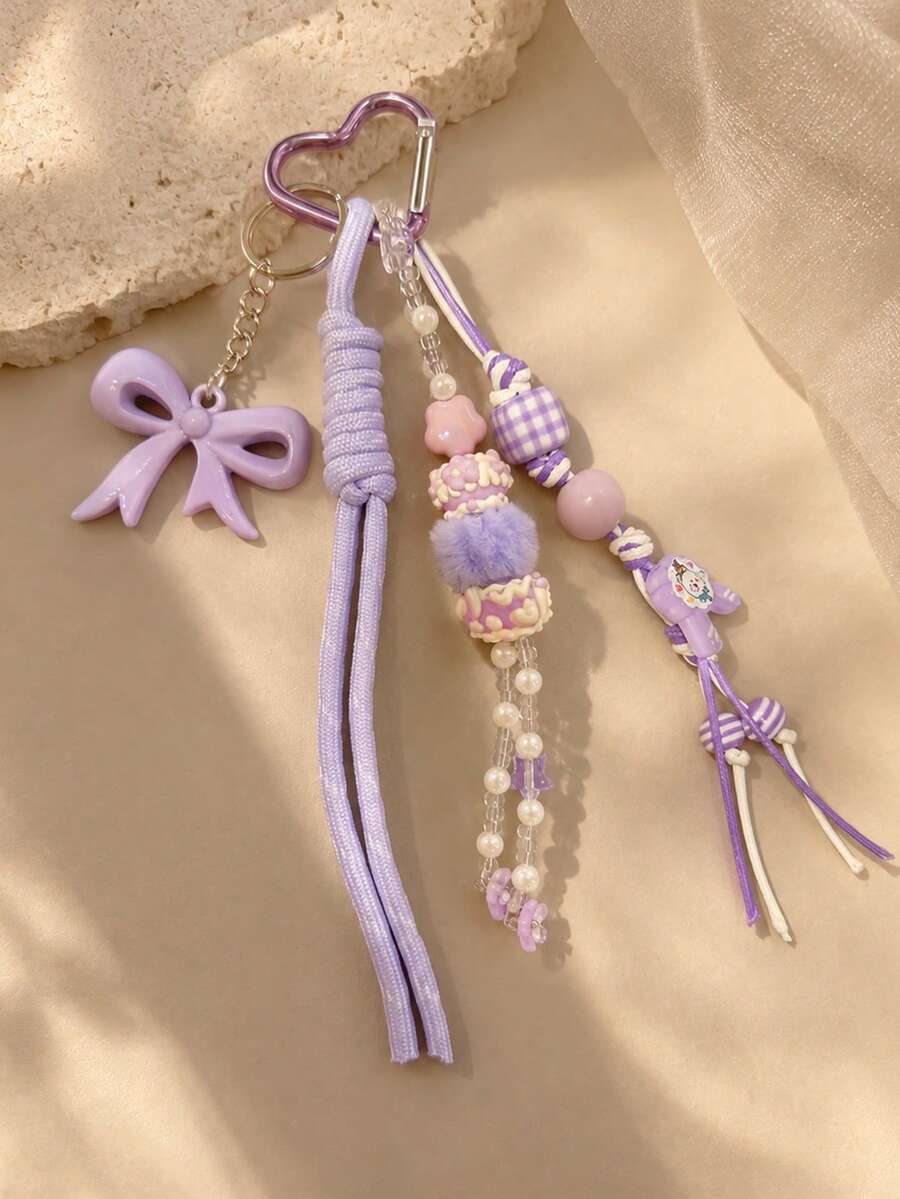 Personalized Butterfly Heart Shaped Pendant With Braided Lanyard, Suitable As Car Key Charm And Bag Accessory, Outfit Accent - Mauve Purple - View 1