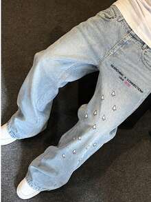 Men's Light Wash Loose Straight Leg Jeans, Cursor Print, Y2K Street Style, Light Wash Denim Fabric With Fun Cursor Pattern, Instantly Create Y2K Look - Baby Blue - View 3