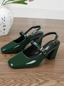 XBYASDF 女款綠色亮面高跟鞋，方頭露跟slingback 7cm粗跟單帶通勤優雅涼鞋 - 深綠色 - 查看 5
