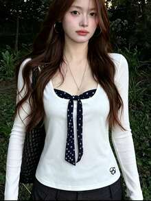 Polka Dot Embroidered Patchwork 2-In-1 Long Sleeve T-Shirt Women's Autumn New Bowknot Casual Versatile Top - White - View 1