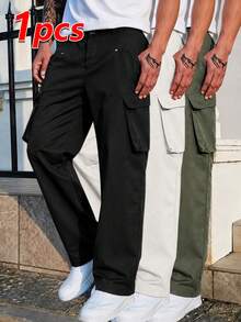 Men's Versatile Straight Leg Rivet Decor Workwear Casual Pants, Suitable For Daily Street Outdoor Commute Multi-Scenario - Black - View 1