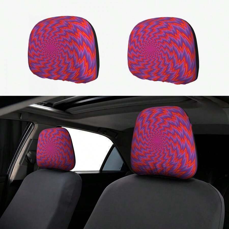 2pcs/Set Car Headrest Covers, Funny Visual Rotating Design, Ice Silk Printed Fabric Material, Car Accessories, Unisex, Universal Design, Suitable For Most Car Models, Dust-Proof, Washable, Easy To Install Car Seat Headrest Accessories - Multicolor - View 1