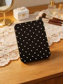 Macaron Color Portable Black Polka Dot Pattern Makeup Mirror, Foldable Mini Mirror, Women's Handheld Outdoor Touch-Up Mirror Set - Multicolor - View 5