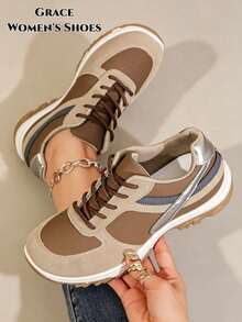 Women's Casual Sports Loafers, Round Toe Lace-Up Design, Suitable For Spring/Summer Outdoor Activities, Athletic Shoe Style - Brown - View 1