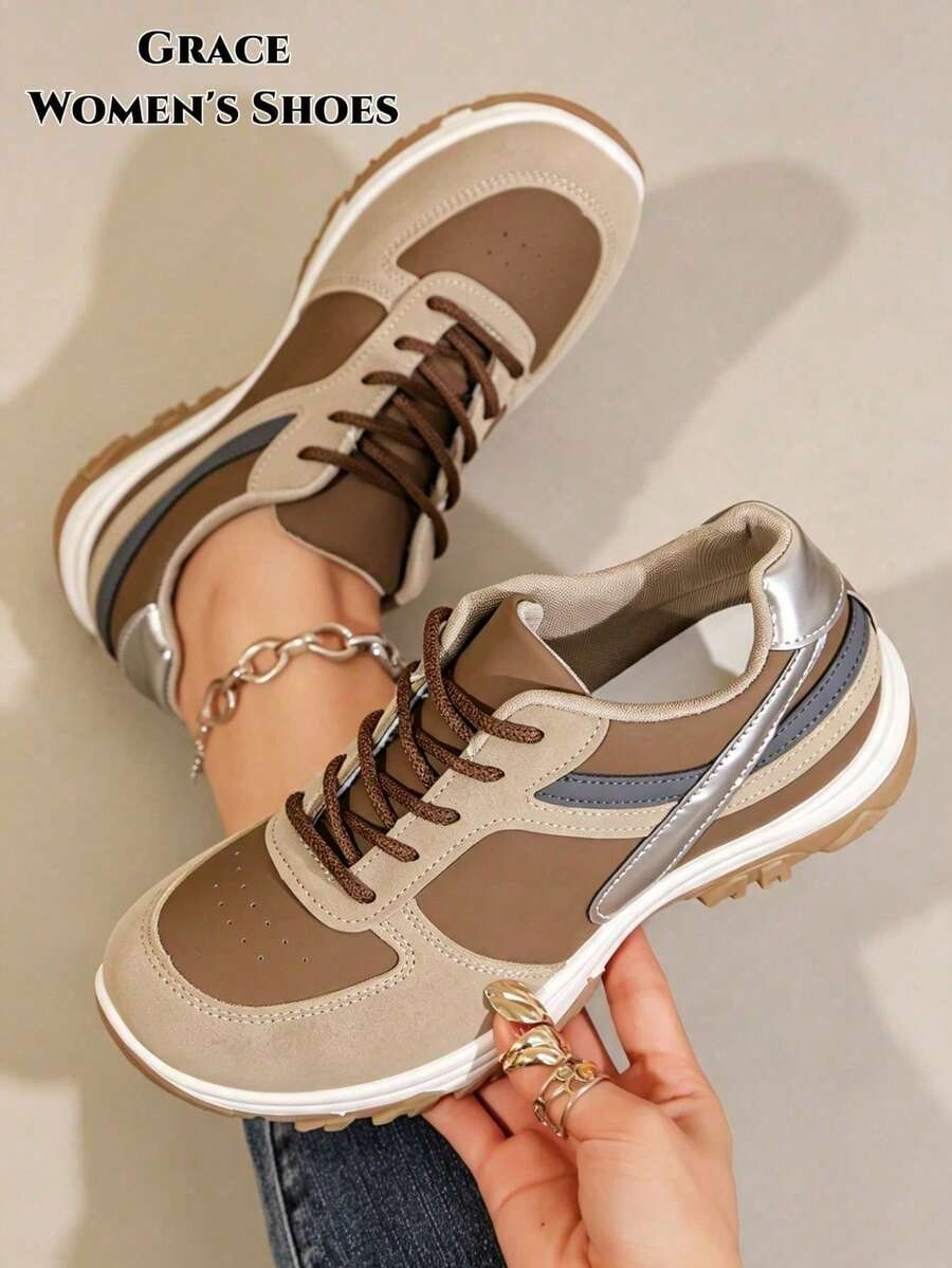 Women's Casual Sports Loafers, Round Toe Lace-Up Design, Suitable For Spring/Summer Outdoor Activities, Athletic Shoe Style - Brown - View 1