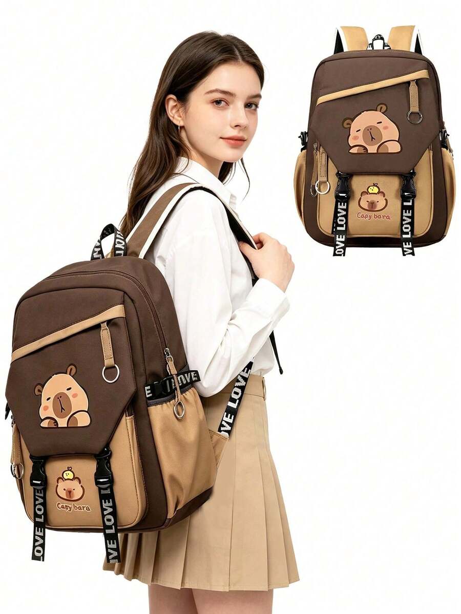 1pc Cute Capybara Colorblock Backpack, Lightweight Multi-Compartment Student Bag, Can Hold Textbooks, Laptop And Umbrella, Suitable For Men And Women - Brown - View 1