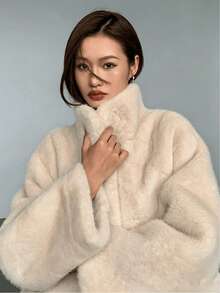 女款奢華黑色人造毛皮大衣標準版型長袖立領夾克 - 淺卡其色 - 查看 6