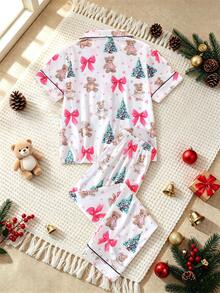 2pcs/Set Christmas Children's Short Sleeve Pajama Set, Flame Retardant Fabric, Christmas Tree Cartoon Bear Print Pattern, Lapel Short Sleeve Cardigan And Long Pants Set, All Season Wear, Home Wear, Comfortable And Loose, Girls Medium And Large Children - White - View 2