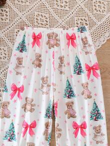 2pcs/Set Christmas Children's Short Sleeve Pajama Set, Flame Retardant Fabric, Christmas Tree Cartoon Bear Print Pattern, Lapel Short Sleeve Cardigan And Long Pants Set, All Season Wear, Home Wear, Comfortable And Loose, Girls Medium And Large Children - White - View 9