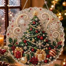 Christmas Pearl Diamond Painting Suncatcher Set, DIY Handmade, Acrylic Round Plate With Lace Edge, Holiday Window And Wall Decor - A - View 2