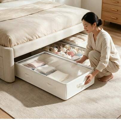 2PCS White Underbed Storage Boxes And Organizer Bins, Foldable Underbed Storage Containers With Excellent Function And Multiple Uses For Blankets, Skirts, Quilts, Pillows, Clothes And Underbed Storage, Space-Saving, Underbed Storage
