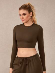 NcmRyu Women's 1pc Solid Color Frill Trim Round Neck Cropped Slim Fit Long Sleeve Sports Top, Autumn/Winter - Brown - View 8