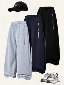 3 Packs Young Boys Slogan Print Casual Wide-Leg Pants, Loose Wide-Leg Design, Soft And Comfortable, Suitable For Daily Wear - Multicolor - View 1