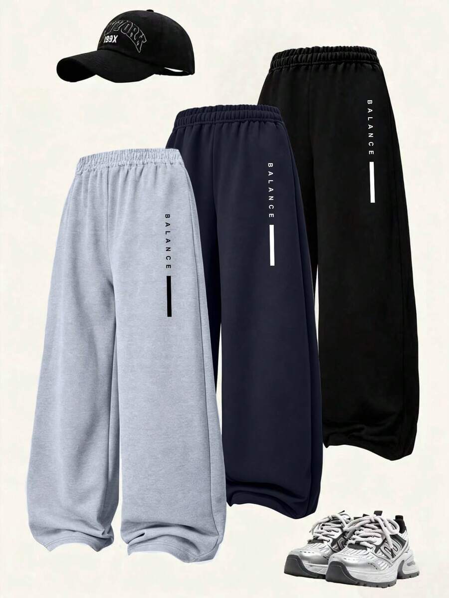 3 Packs Young Boys Slogan Print Casual Wide-Leg Pants, Loose Wide-Leg Design, Soft And Comfortable, Suitable For Daily Wear - Multicolor - View 1