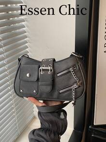 1pc Black Solid Color PU Baguette Shoulder Bag For Women - Black - View 2
