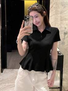 純色夏季新款女款短袖T恤，遮肚魚尾下擺上衣，黑色 - 黑色 - 查看 1