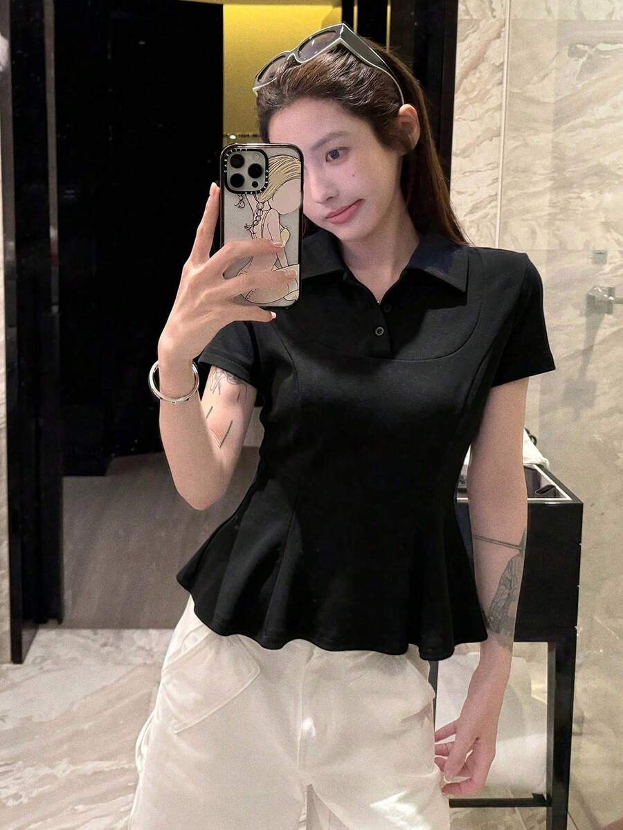 純色夏季新款女款短袖T恤,遮肚魚尾下擺上衣,黑色 - 黑色 - 查看 1