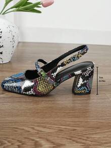 XBYASDF Women's Green Snake Skin Backless 7cm Chunky Heel High Heels, Vintage Square Toe Single Strap Pumps For Commute, Party And Date - Green - View 7