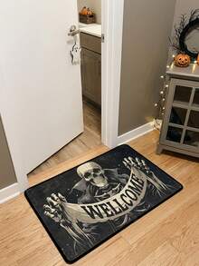 1PC Black Background White Skull Letter Pattern Entry Door Mat, Dark Gothic Style Crystal Velvet Rectangular Skull Skeleton WELLCOME Banner Detail Machine Washable Door Mat, Suitable For Halloween Party Entrance Garden Decoration - Multicolor - View 6