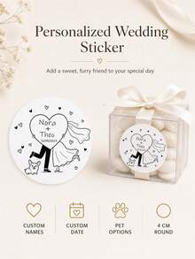 Personalized Name And Date Wedding Sticker, Custom Bride And Groom Heart Balloon Label, Hand Drawn Couple Illustration, Wedding Favor Sticker, Gift Box Seal, Bridal Shower, Engagement Celebration, Wedding Reception Decor, Newlyweds, Couples - Multicolor - View 3