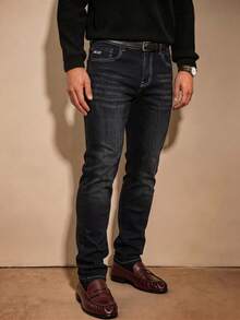 Men Vintage Dark Washed Slim‑Tapered Jeans Contrast Stitching Embroidered Detail Casual Daily Denim Pants - Black - View 3