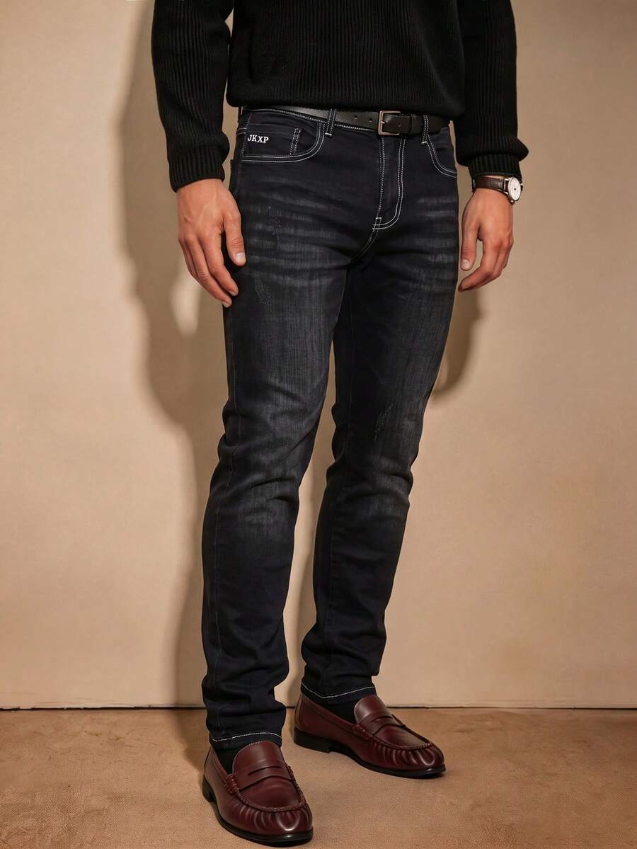 Men Vintage Dark Washed Slim‑Tapered Jeans Contrast Stitching Embroidered Detail Casual Daily Denim Pants - Black - View 1