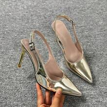 2026 New Fashion Solid Color Sexy PU Leather Buckle Glossy Elegant Thin High Heel Pointed Toe Shallow Backless Pumps For All Seasons And Holidays - Gold - View 16