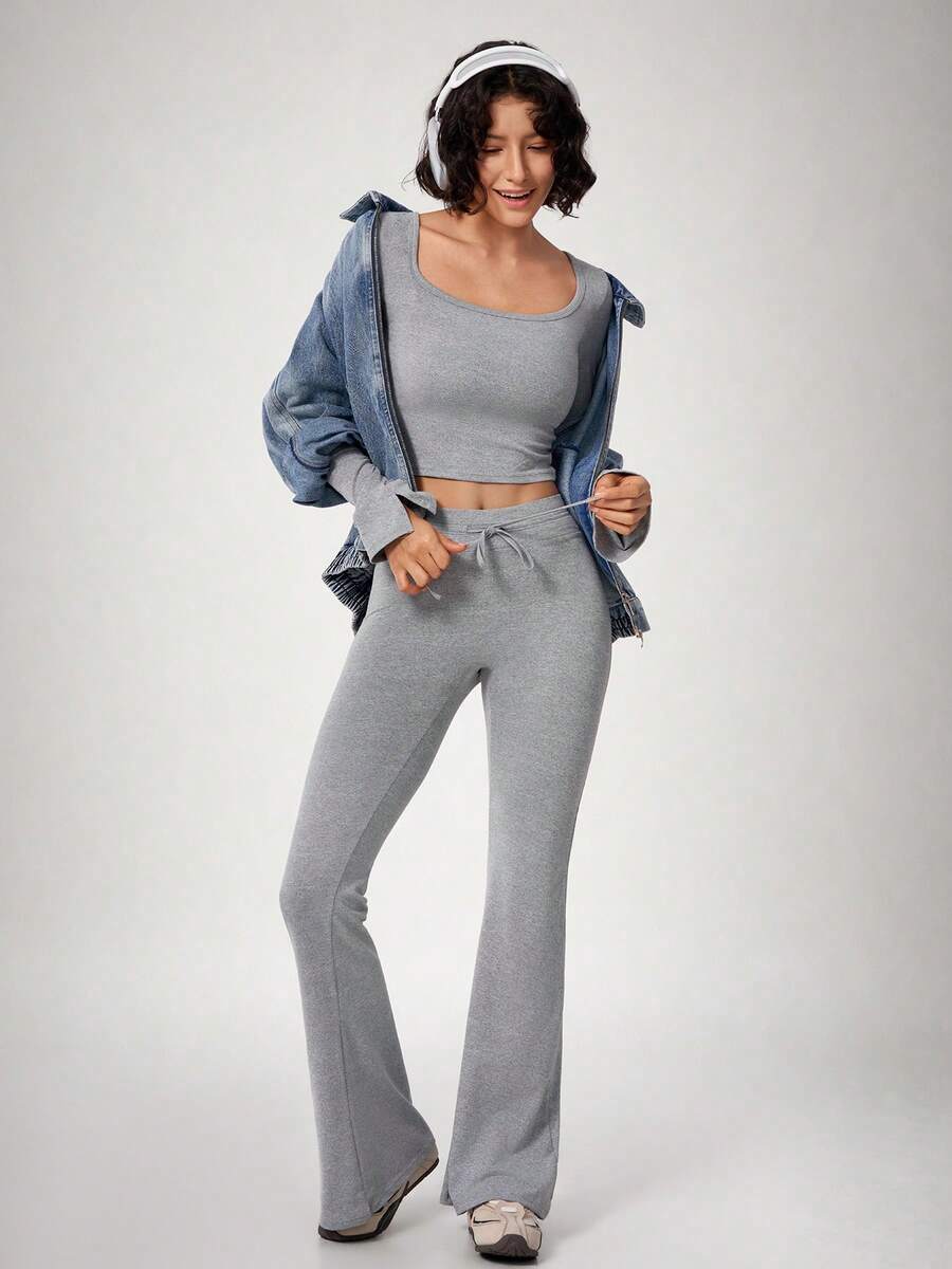 NcmRyu Women's One Set Autumn/Winter Solid Color Short Long Sleeve Waist Drawstring Flare Pants Sports Outfit - Grey - View 1