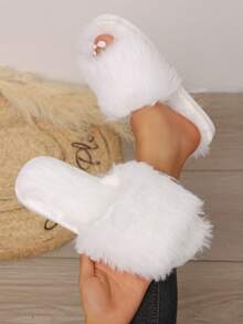 Soft Plush Open Toe Slip-On Slippers For Women, Warm Fuzzy Indoor House Shoes, Comfortable Slip-On Home Slippers - White - View 7