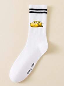 5/1 Pair Disney Men's Mid-Calf Socks, Black With Double Stripes And Car Pattern, Sports Socks - White - View 18